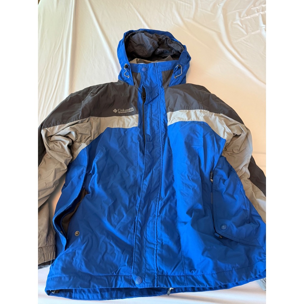 Columbia Mens Interchange Jacket Blue Grey Colorblock Hooded Fleece Lined  L